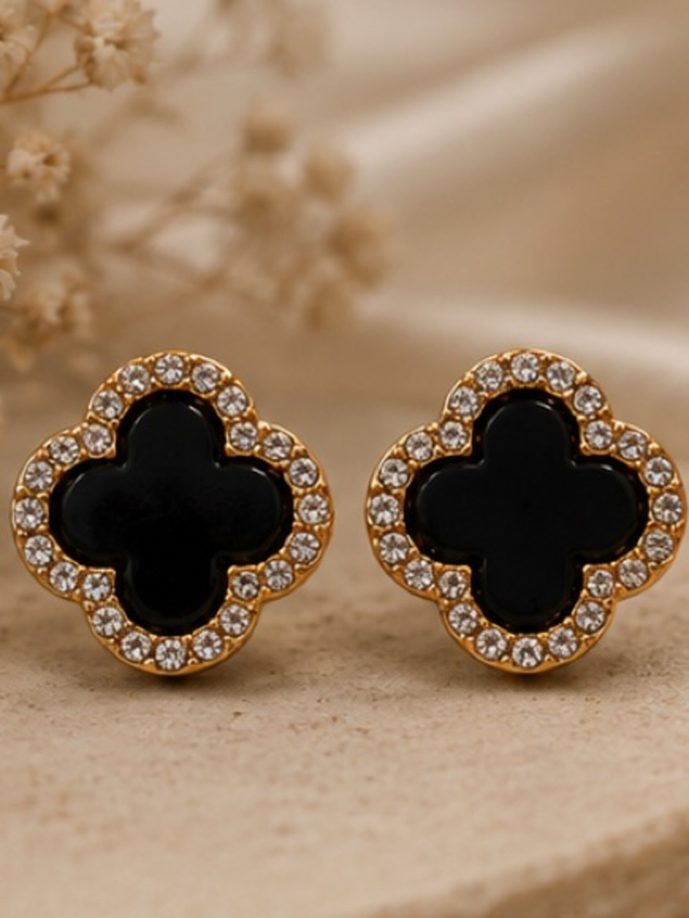 Designer-Inspired Black Crystal Halo Clover Stud Earrings